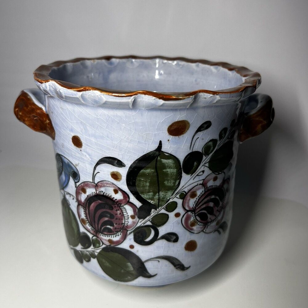 Vintage Hand Painted Ceramic Planter Floral Cachepot Flower Pot with Handles 7"